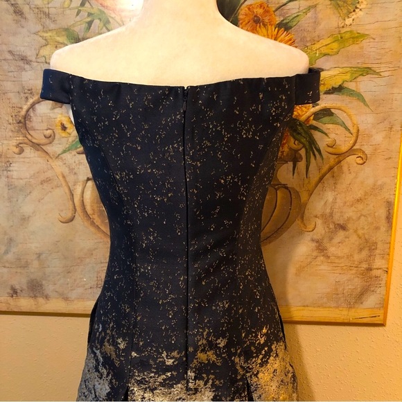 Sz 2 Kay Unger Carina Tea Length Formal Dress Navy Blue, Silver & Gold Metallic - Picture 11 of 16